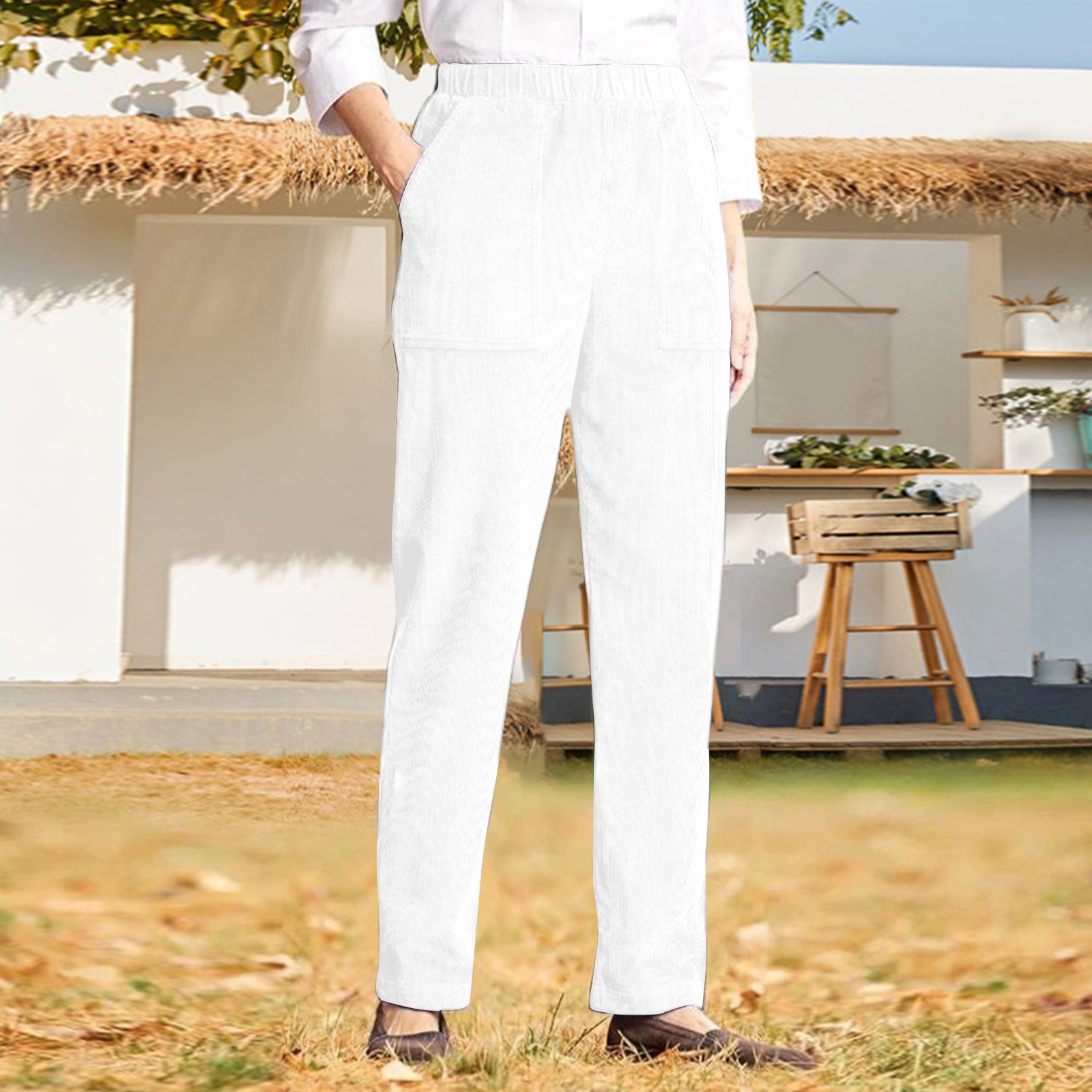 thumbnail image 2 of Pantalones informales de mujer con cintura elástica y rayas - Diseño con bolsillos, corte recto, mezcla de poliéster y spandex (tallas S-XXL), 2 of 4
